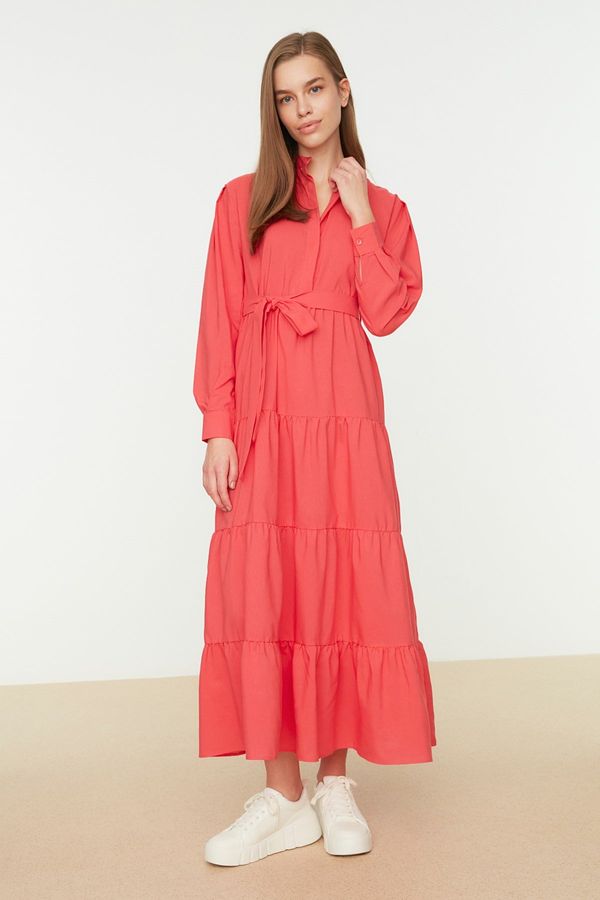 Trendyol Trendyol Coral Dominant Collar Belted Wide Fit Woven Dress