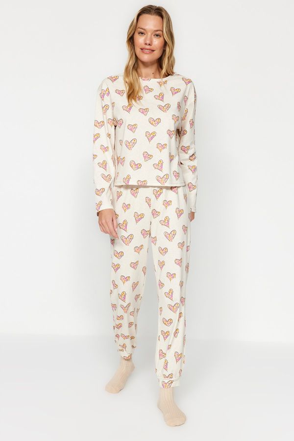 Trendyol Trendyol Cream 100% Cotton T-shirt-Jogger Knitted Pajamas Set