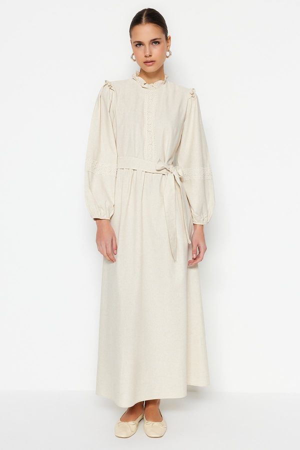 Trendyol Trendyol Cream Belted Guipure and Ruffle Detailed Linen Blended Woven Dress