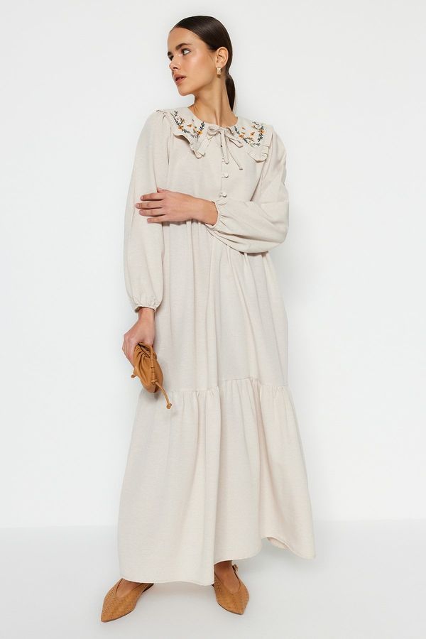 Trendyol Trendyol Cream Collar With Embroidered Half Patties, Linen-Look Woven Dress