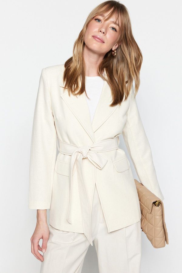 Trendyol Trendyol Cream Tie Waist Belted Woven Lined Jacket