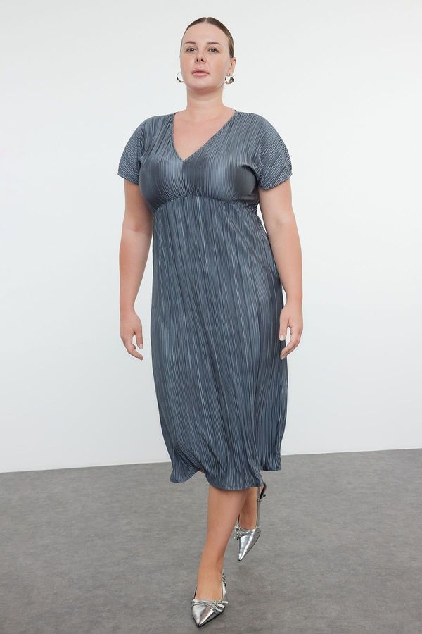 Trendyol Trendyol Curve Anthracite Reversible Pleated Midi Plus Size Dress