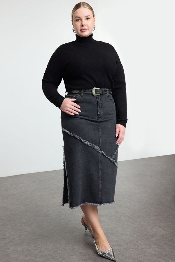 Trendyol Trendyol Curve Anthracite Slit Denim Plus Size Skirt