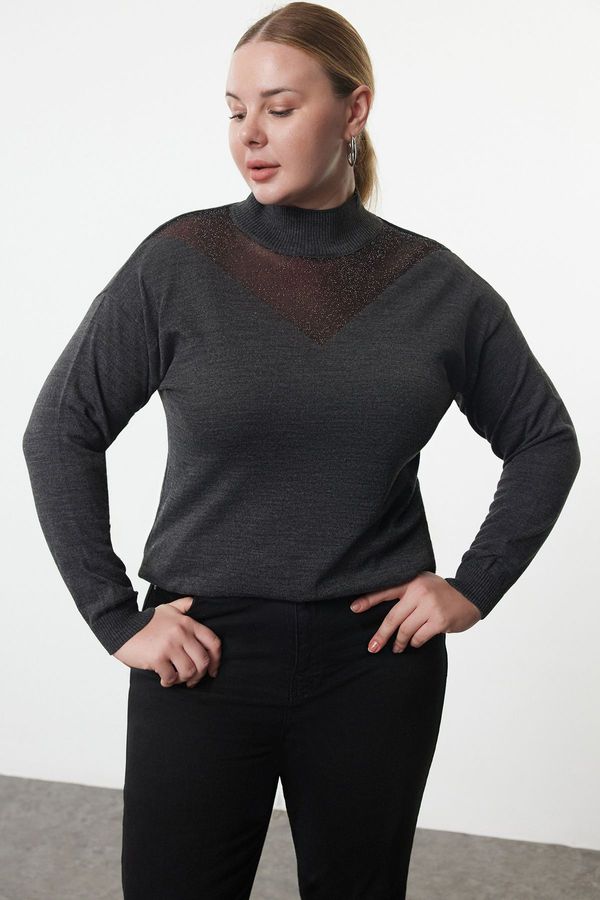 Trendyol Trendyol Curve Anthracite Tulle Detailed Stand Collar Knitwear Sweater