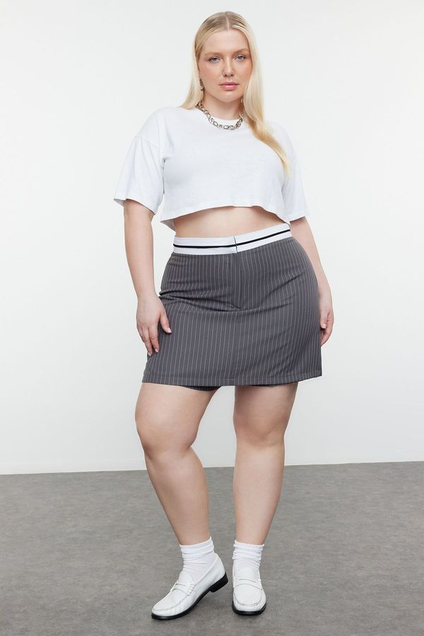 Trendyol Trendyol Curve Anthracite Waist Belt Detailed Mini Striped Woven Shorts Skirt