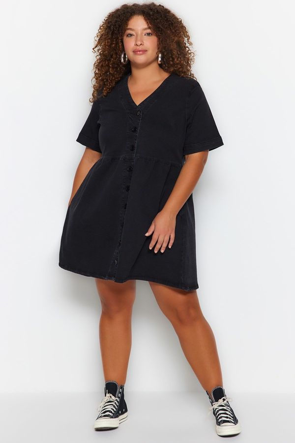 Trendyol Trendyol Curve Anthracite Waist Opening/Skater V-Neck Denim Dress