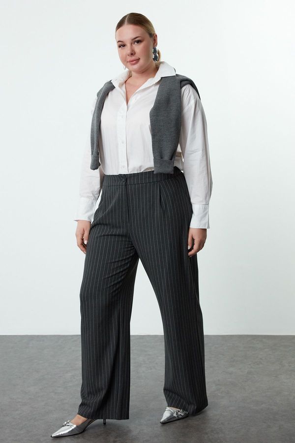 Trendyol Trendyol Curve Anthracite-White Striped Woven Plus Size Fabric Trousers