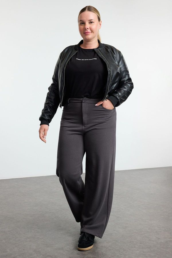 Trendyol Trendyol Curve Anthracite Wide Leg Trouser Look Knitted Comfortable Sweatpants