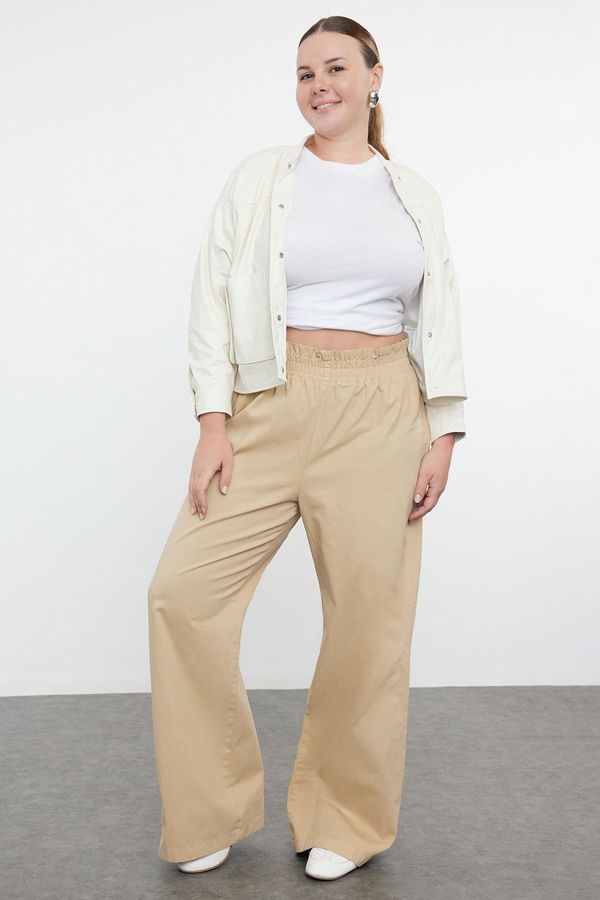 Trendyol Trendyol Curve Beige 100% Cotton Flexible Elastic Waist Gabardine Thick Plus Size Woven Trousers