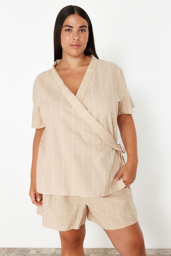 Trendyol Trendyol Curve Beige Double Breasted Stripe Detailed Woven Pajama Set