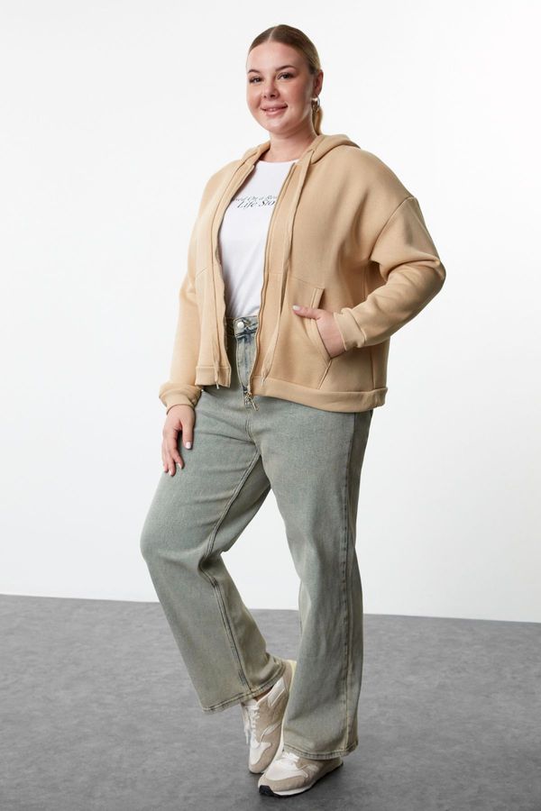 Trendyol Trendyol Curve Beige Hooded Plus Size Knitted Sweatshirt with Fleece Inside and Zipper on the Front