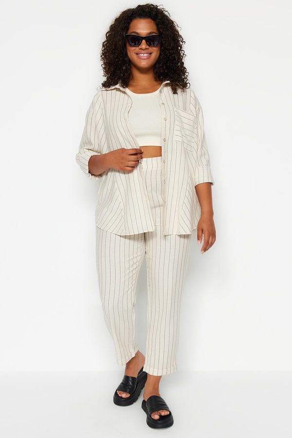 Trendyol Trendyol Curve Beige Linen Look Striped Woven Trousers