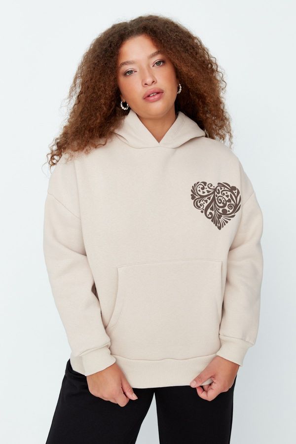 Trendyol Trendyol Curve Beige Printed Hooded Thick Raised Knitted Sweatshirt