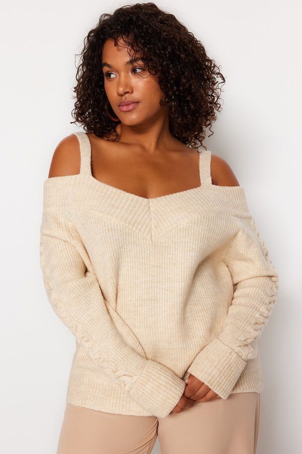 Trendyol Trendyol Curve Beige Wide Collar Strap Detailed Knitwear Sweater