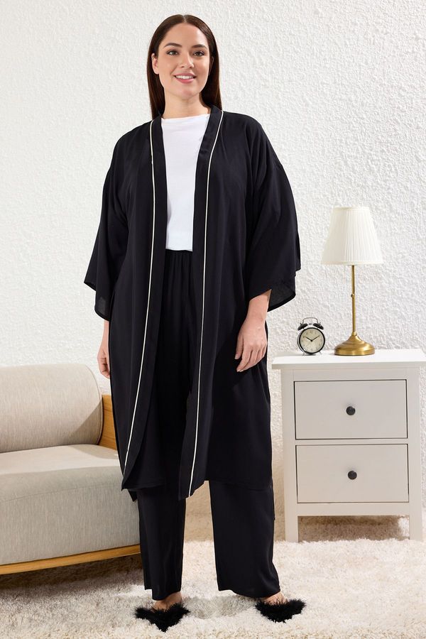 Trendyol Trendyol Curve Black 2-Piece Viscose Binding Dressing Gown-Pajama Bottom Woven Pajama Set