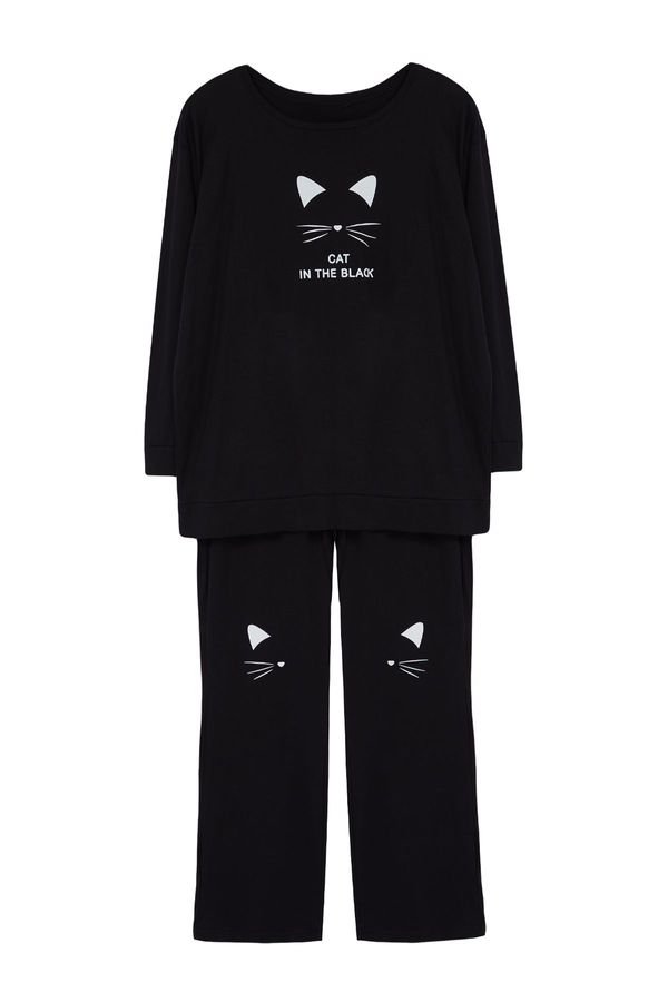 Trendyol Trendyol Curve Black Cat Printed 2 Thread Knitted Pajama Set