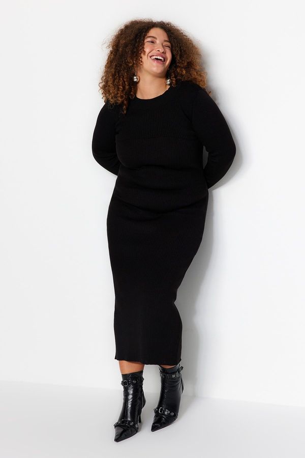 Trendyol Trendyol Curve Black Corduroy Midi Length 2-Piece Knitwear Dress & Crop Sweater Set