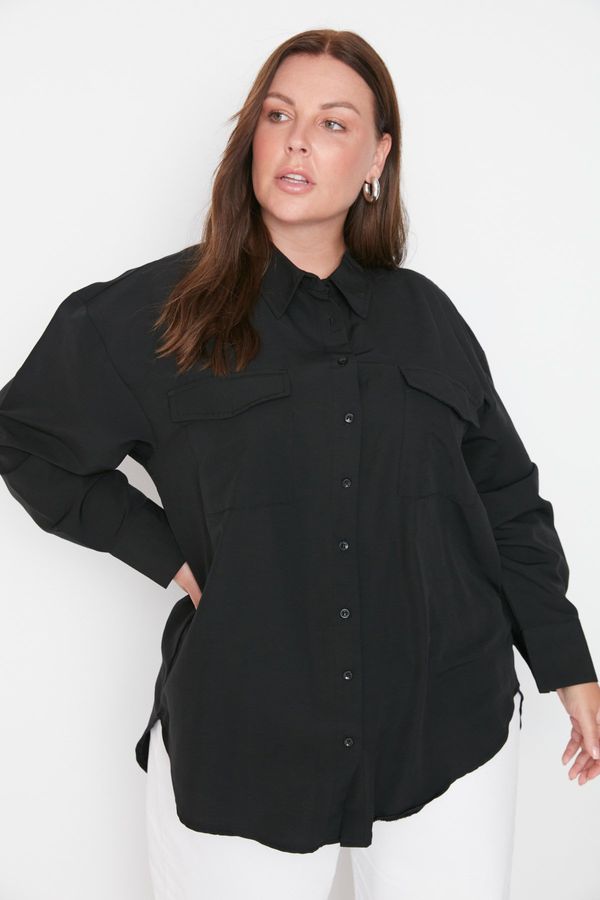 Trendyol Trendyol Curve Black Cotton Long Sleeve Double Pocket Skirt Slit Poplin Woven Plus Size Shirt