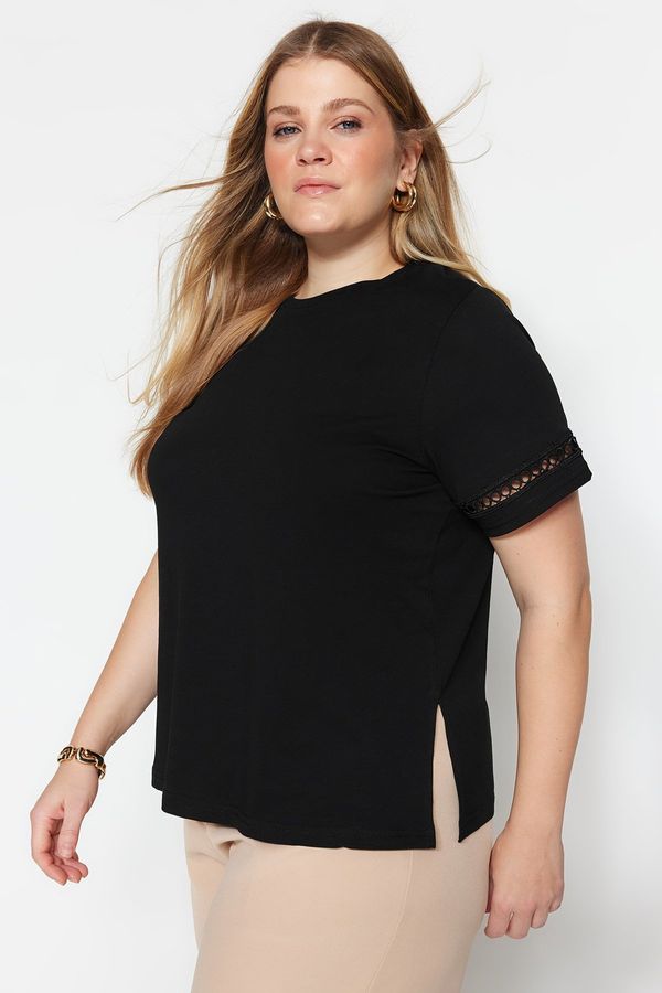 Trendyol Trendyol Curve Black Crew Neck Lace Detailed Knitted T-Shirt