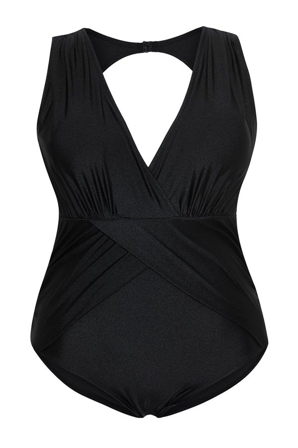 Trendyol Trendyol Curve Black Deep V Neck with Gathered Detail Plus Size Swimsuit