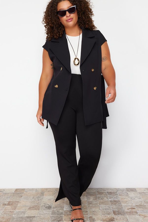 Trendyol Trendyol Curve Black Double Breasted Belted Long Woven Vest