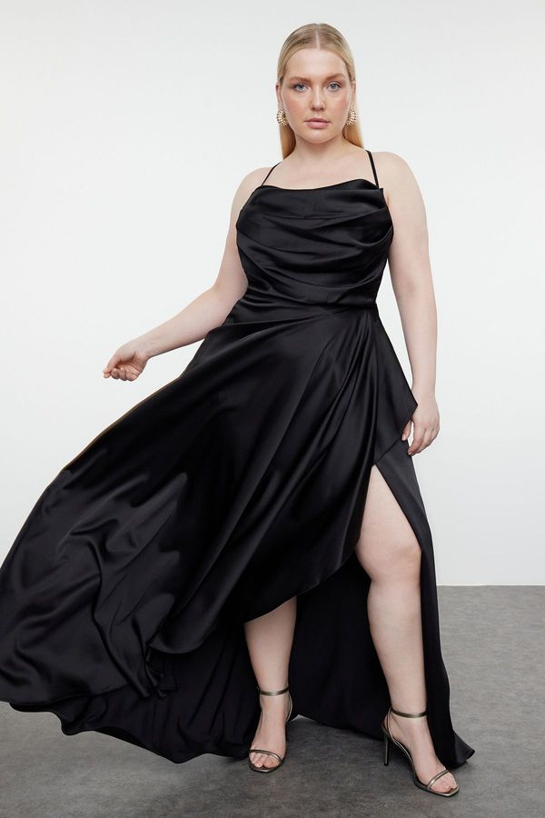 Trendyol Trendyol Curve Black Draped Strap Slit Maxi Woven Plus Size Evening Dress