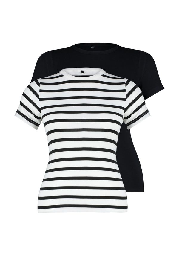 Trendyol Trendyol Curve Black-Ecru Striped 2-Pack Viscous Stretch Knitted Blouse
