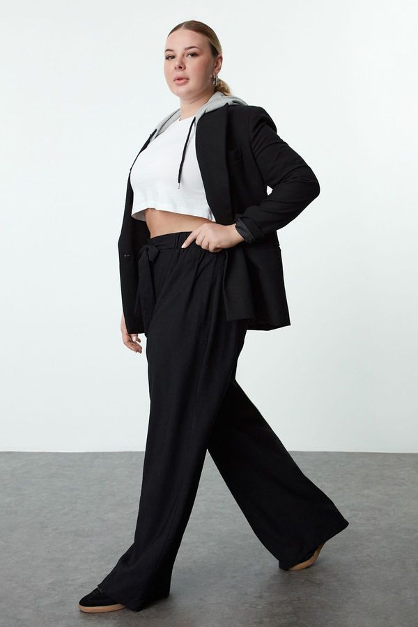 Trendyol Trendyol Curve Black Elastic Elastic Waist Belted Wide Leg Woven Plus Size Trousers