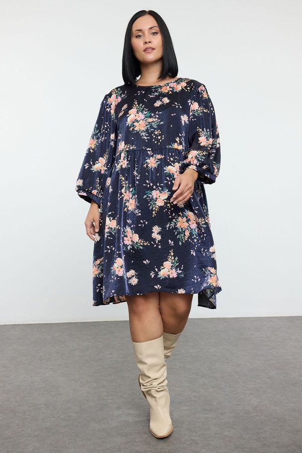 Trendyol Trendyol Curve Black Floral Crew Neck Balloon Sleeve Mini Woven Plus Size & Maternity Dress