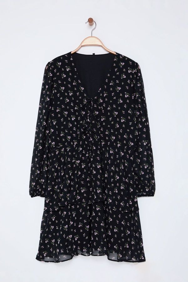 Trendyol Trendyol Curve Black Floral Patterned Skirt with Opening Waist Bow Chiffon Woven Plus Size Dress