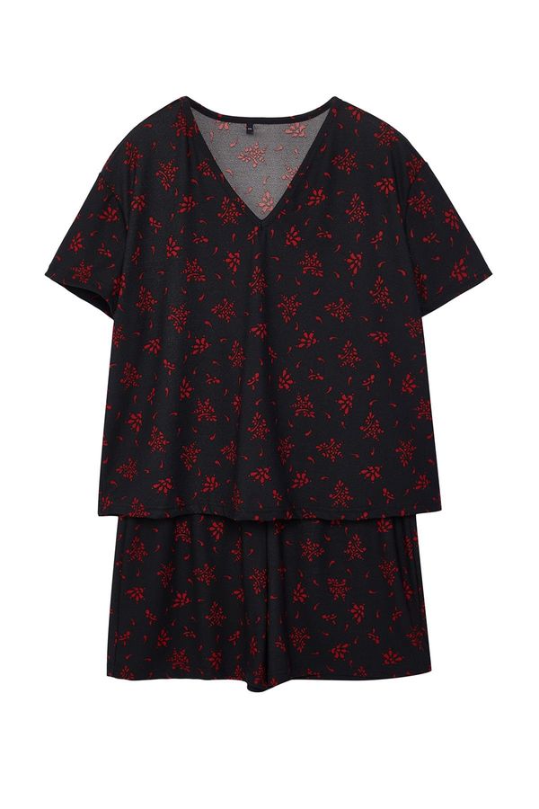 Trendyol Trendyol Curve Black Floral Patterned V-Neck Knitted Pajama Set
