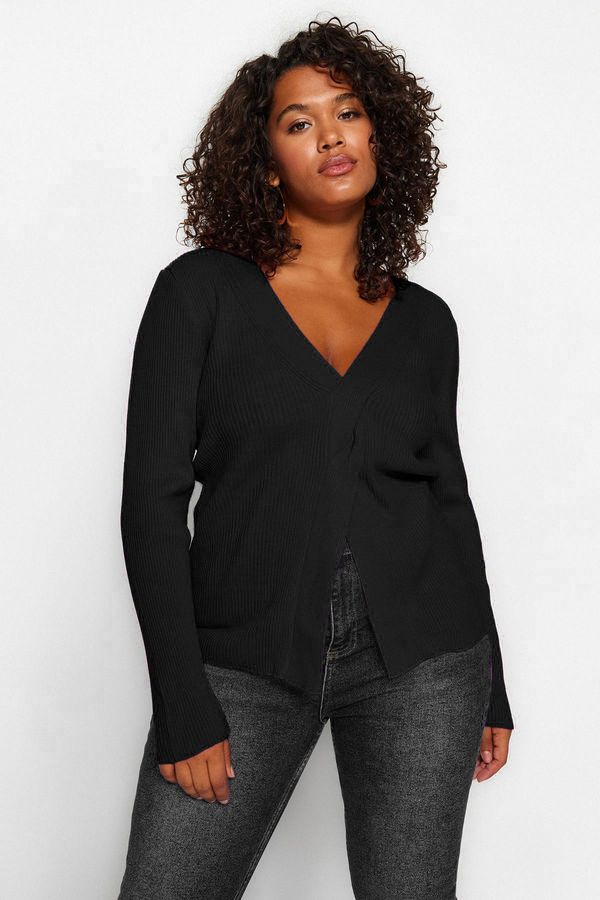 Trendyol Trendyol Curve Black Front Knot Detailed V Neck Knitwear Sweater