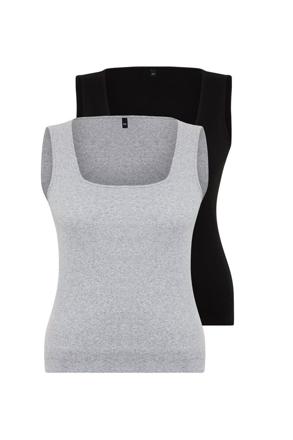 Trendyol Trendyol Curve Black-Grey Basic Corded Knitted 2-Pack Square Collar Athlete