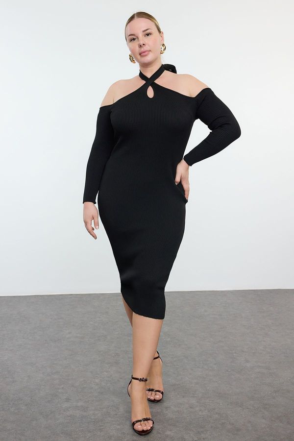 Trendyol Trendyol Curve Black Halter Neck Ribbed Midi Knit Dress