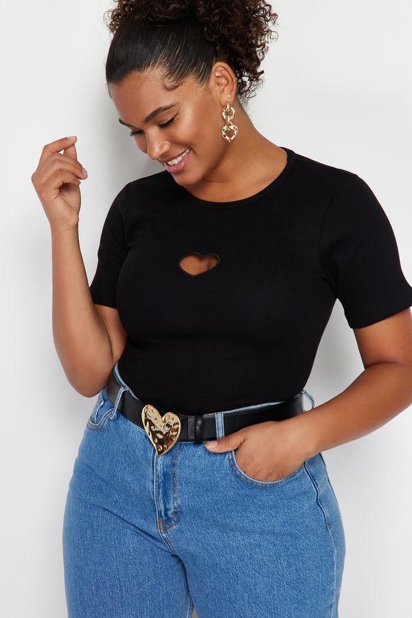 Trendyol Trendyol Curve Black Heart Cut-Out Detailed Ribbed Knitted T-shirt