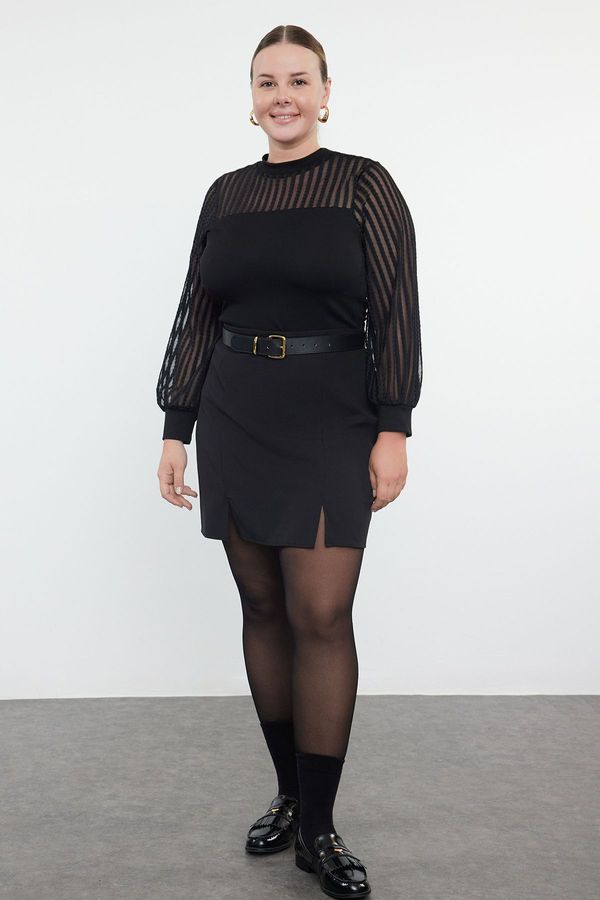 Trendyol Trendyol Curve Black High Collar Lace Knitted Plus Size Blouse