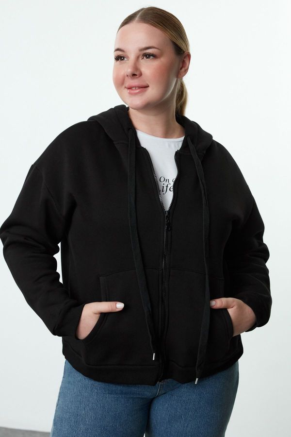 Trendyol Trendyol Curve Black Hooded Plus Size Knitted Sweatshirt with Fleece Inside and Zipper on the Front