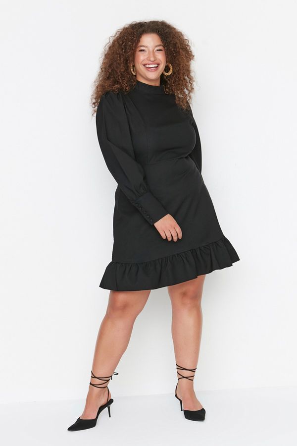 Trendyol Trendyol Curve Black Knitted Dress With Ruffle Collar Skirt