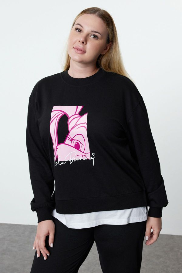 Trendyol Trendyol Curve Black Lola Bunny Licensed Crew Neck Knitted Plus Size Sweatshirt