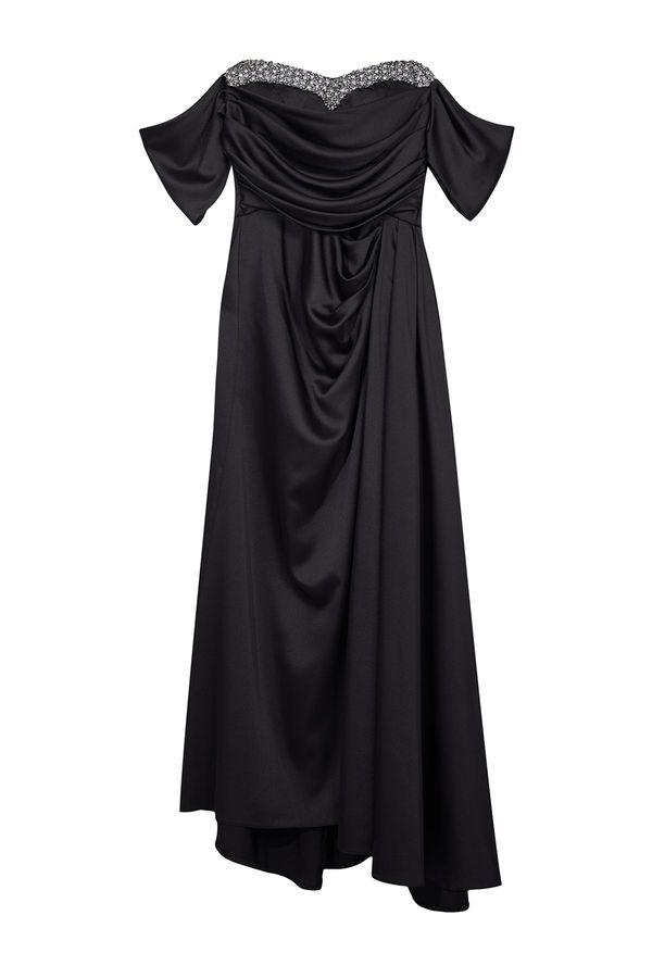 Trendyol Trendyol Curve Black Low Sleeve Stone Accessory Slit Long Woven Stylish Plus Size Evening Dress