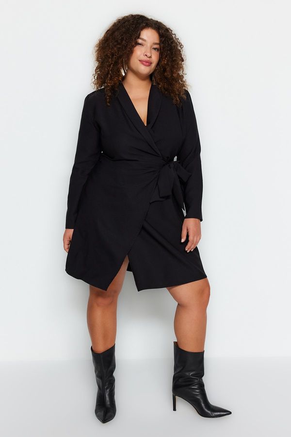 Trendyol Trendyol Curve Black Plain Double Breasted Closure Stylish Mini Woven Plus Size Dress