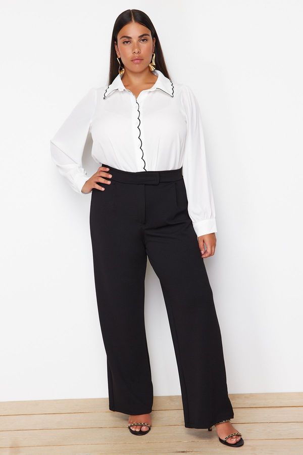 Trendyol Trendyol Curve Black Pleated Wide Leg Knitted Trousers with Velcro Belt