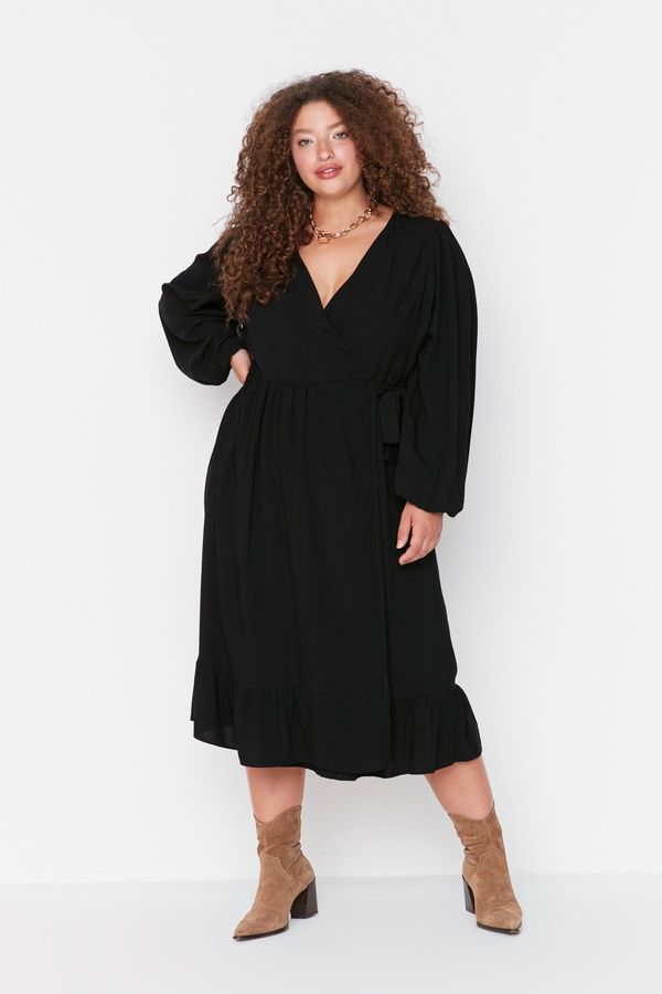Trendyol Trendyol Curve Black Plus Size Double Breasted Neck A-Line Midi Woven Dress