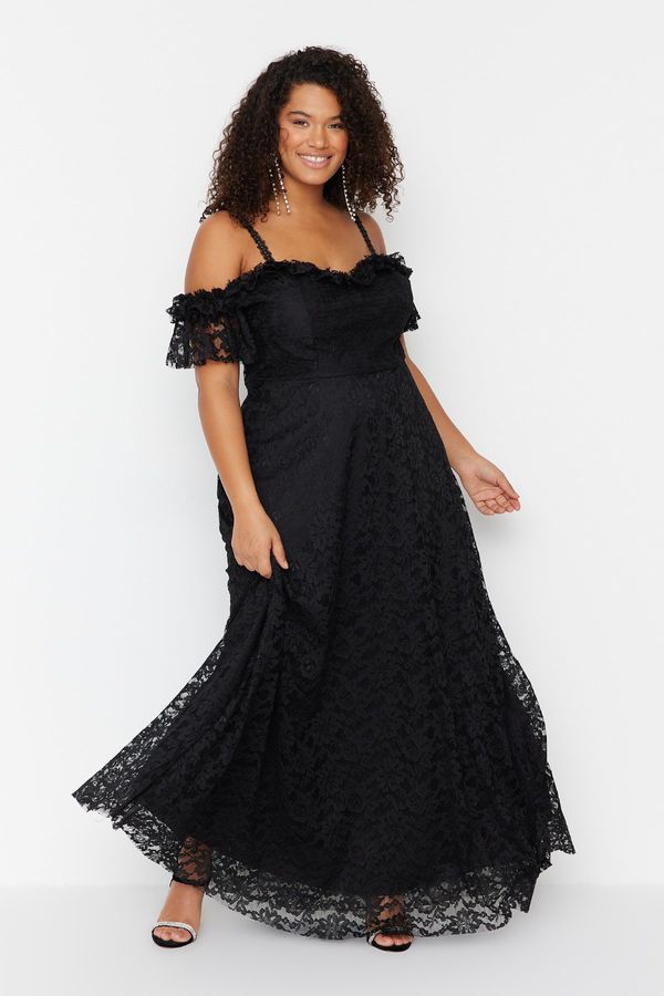 Trendyol Trendyol Curve Black Plus Size Strap A-Line Lace Maxi Evening Dress
