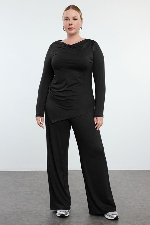 Trendyol Trendyol Curve Black Premium Boat Neck Knitted Plus Size Bottom Top Set