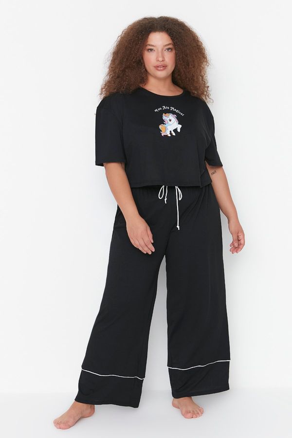 Trendyol Trendyol Curve Black Printed Wide Leg Crop Boy Knitted Pajamas Set