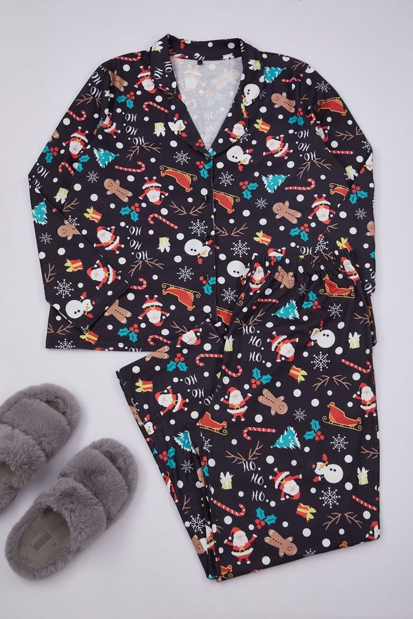 Trendyol Trendyol Curve Black Shirt Collar New Year Themed Knitted Pajama Set