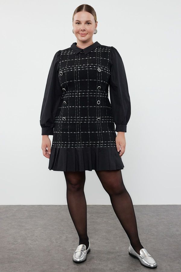 Trendyol Trendyol Curve Black Shirt Collar Plaid-Plaid Mini Tweed Dress