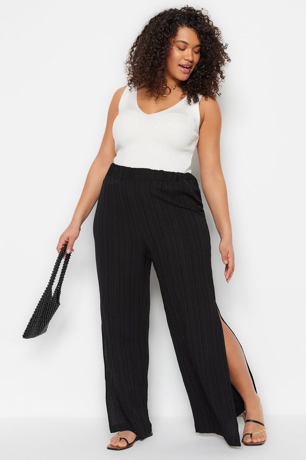 Trendyol Trendyol Curve Black Slit Detailed High Waist Wrapped Wide Leg Beach Wear Woven Trousers