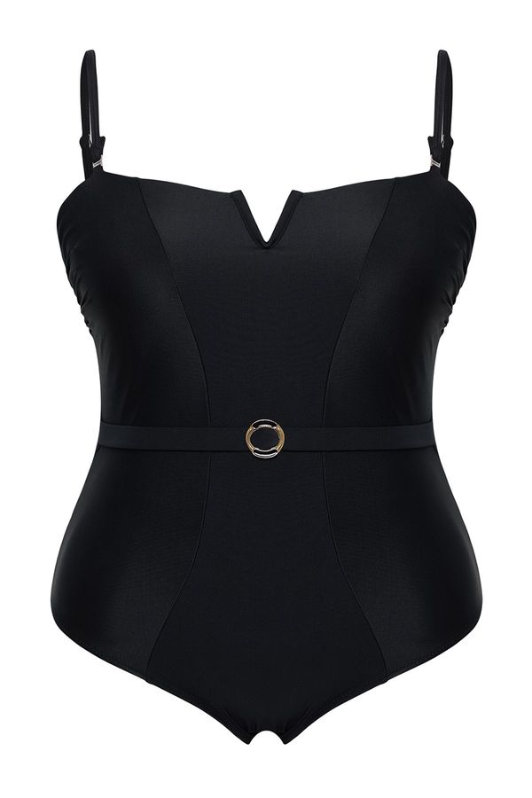 Trendyol Trendyol Curve Black Square Neck V Neck Detail Beli Belted Plus Size Swimsuit